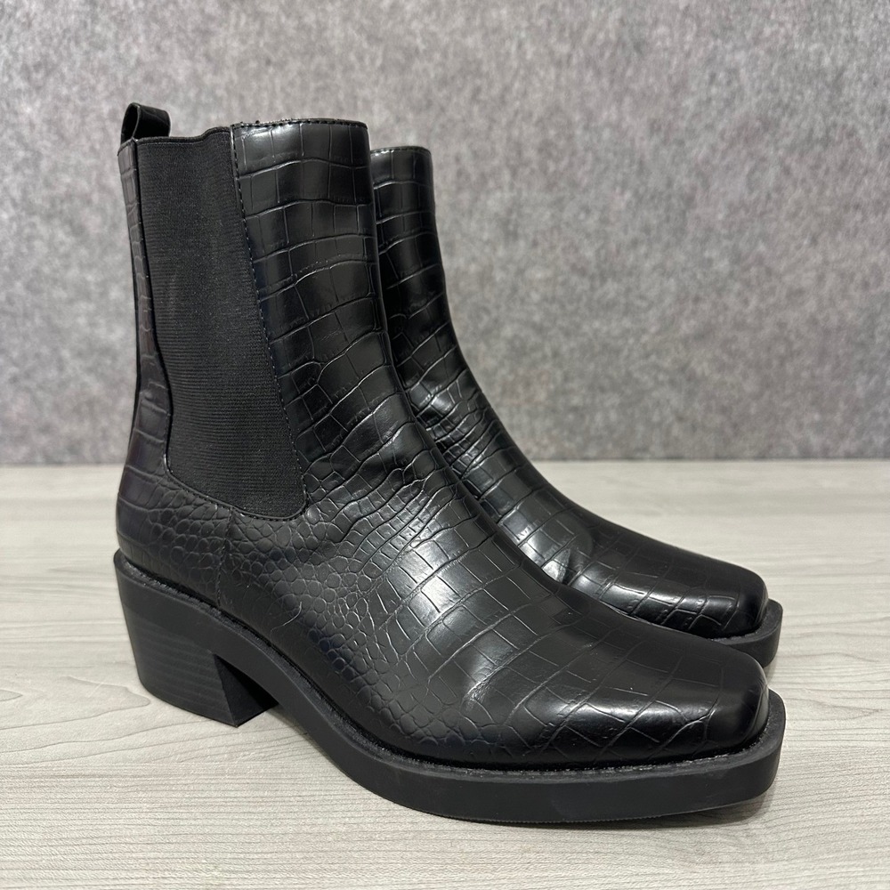 Open Edit Edayla-PU Black Croc Embossed Chelsea Boots Womens Size 8 Square Toe